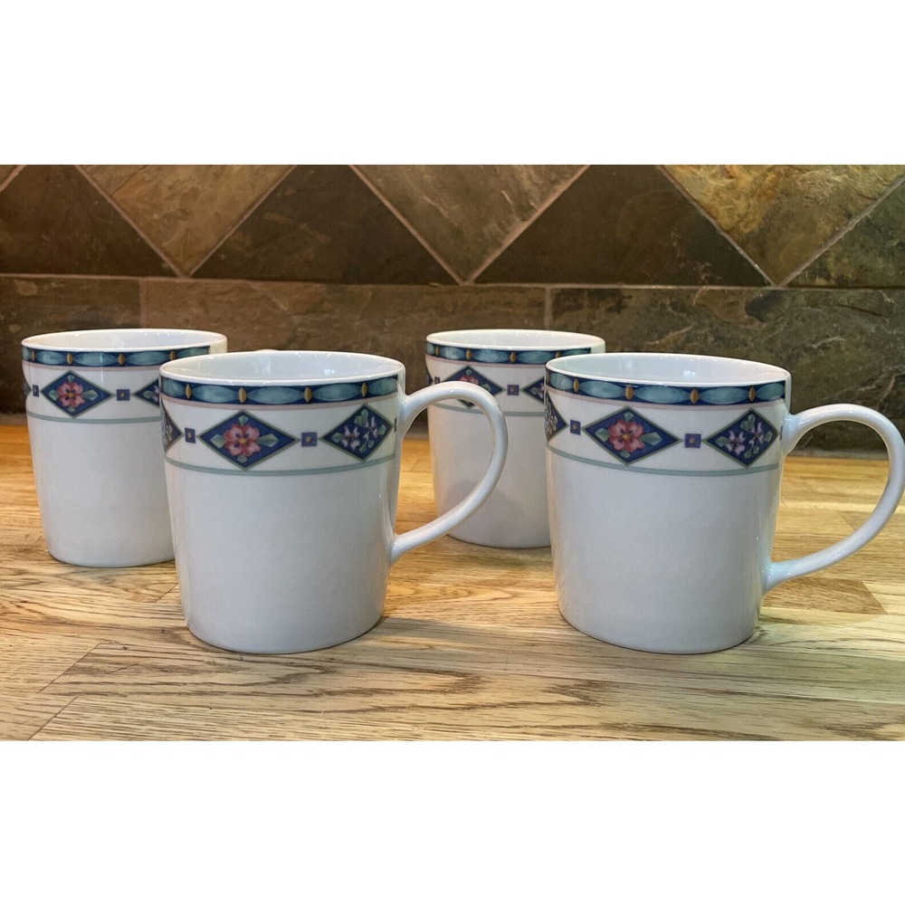 Pfaltzgraff Atmosphere Crystaflora Coffee Mugs Cups Set of 4 Blue Floral